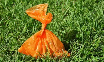 Een oranje poepzakje in het gras