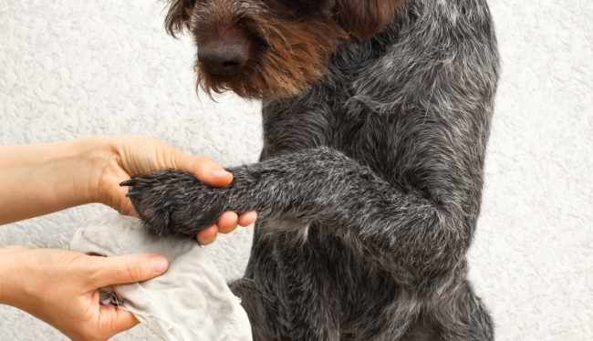 Een hond zijn pootje wordt schoongemaakt met een doek.